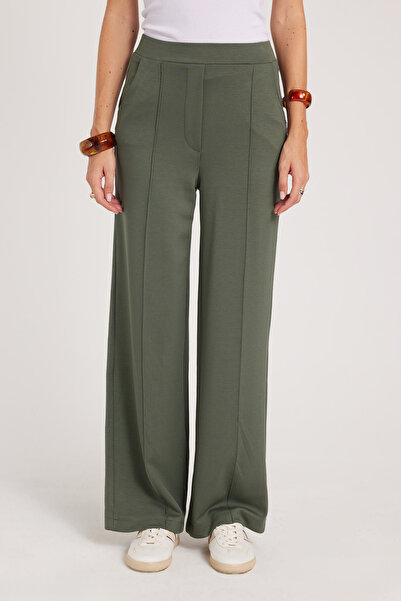 Tudors Kadın Relax Fit Rahat Kesim Modal Kumaş Yüksel Bel Geniş Paça Haki Pan...