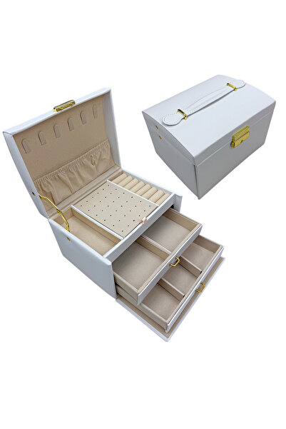 Choice صندوق مجوهرات أبيض مكون من قطعة واحدة مزود بقفل ثلاثي الطبقات، مناسب ل...