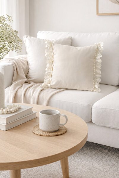 RİTMOHOME Husă de pernă crem în stil boem cu volane