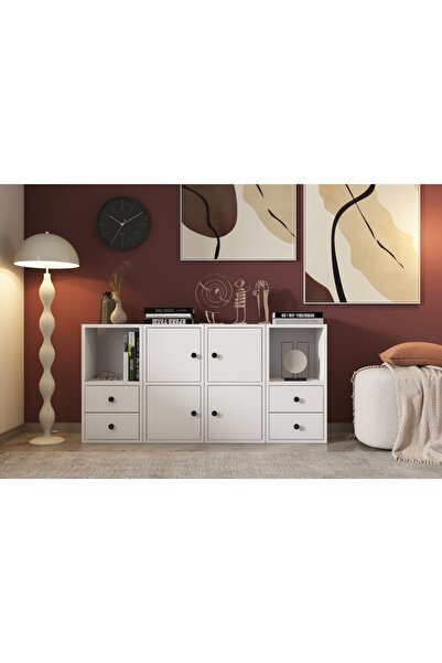 Nettrends Dört Kapaklı Dört Çekmeceli Raflı Beyaz Şifonyer Çıtasız Şfn-1063-ç