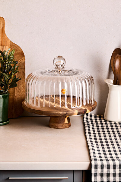 Perotti وعاء كيك زجاجي من ليون أكاسيا مع حامل، حجم عملاق 28 سم