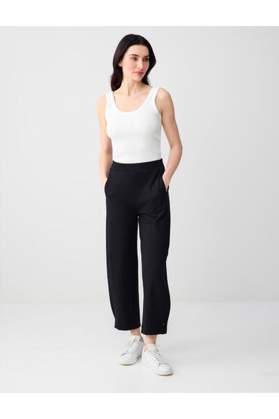 Jimmy Key Siyah Rahat Kesim Dar Paça Yüksek Bel Kısa Örme Pantolon