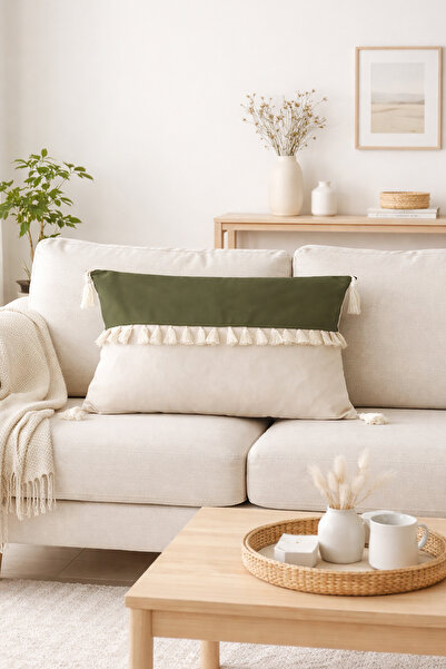 RİTMOHOME Püsküllü Saçaklı Iskandinav Kırlent Kılıfı Yeşil Krem