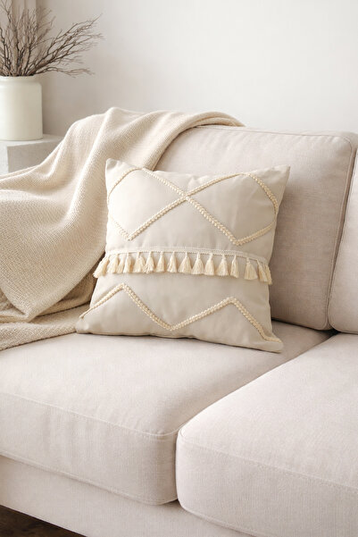 RİTMOHOME Püsküllü Saçaklı Iskandinav Krem Kırlent Kılıfı