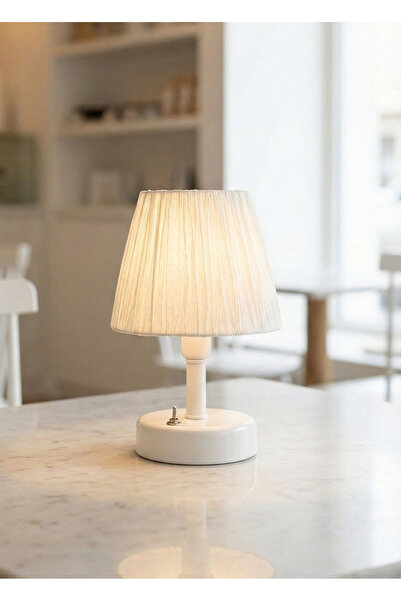 Maison Avf Beyaz Rafya Masa Üstü Led Kablosuz Pilli Abajur Alt Beyaz-Üst Beya...