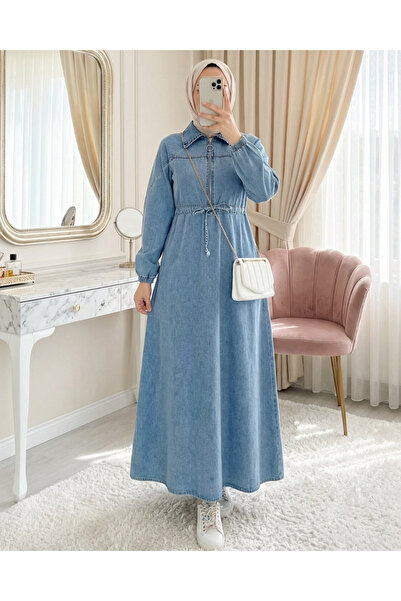 HİJABAYA فستان دينم بحزام على الخصر وأربطة وسحاب نصفي وأكمام مطاطية