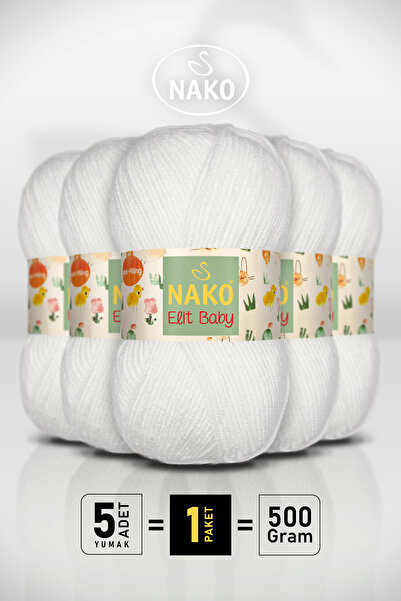 NAKO Elit Baby - 208 Білий - Пакет з 5 штук - 100 г/250 м - Нитка для немовля...