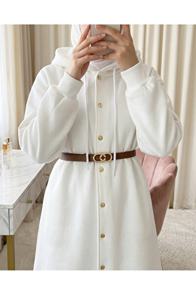 Modamorfo Hooded Sweat Cap with Snap Front and Belted Waist - White