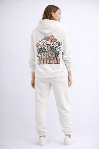 MARKATEM 3Iplik Pamuklu Sırt Printed Kapşonlu Oversized Hoodie Sweat Pantalon...