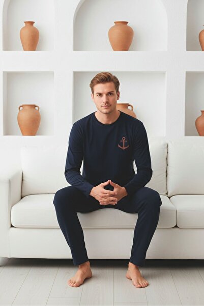 Sude HOMEWEAR طقم بيجامة رجالي بأكمام طويلة باللون الأزرق الداكن