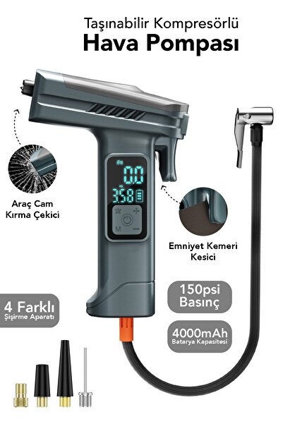 mimtec 4000mAh Şarjlı Dijital Hava Kompresörü | Araba Bisiklet Top Lastik Şiş...