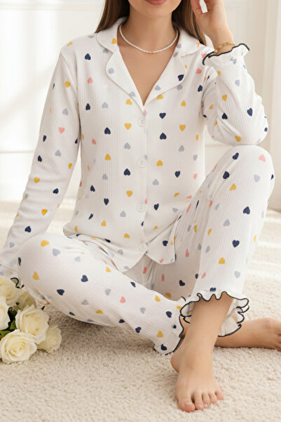 ELİTOL Dámská pletená pyžamová souprava s dlouhým rukávem a vzorem srdce