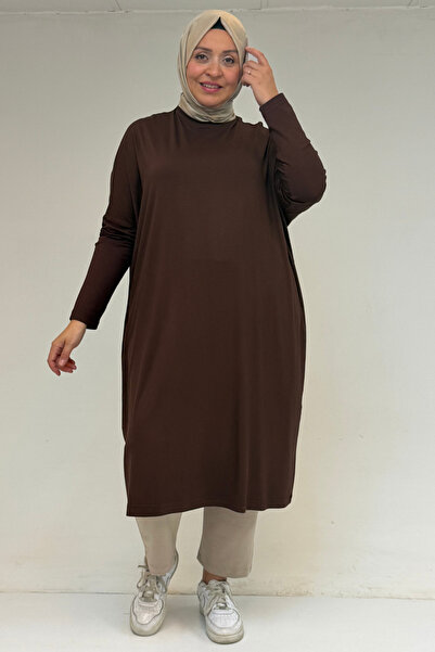 Eslina 28092 Model Large Size Low Sleeve Combed Cotton Tunic - Brown