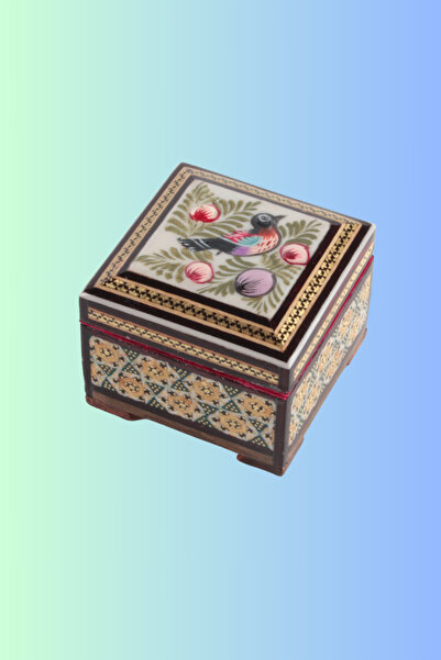 West Orient El Yapımı Hatem Sanatı Ahşap kumaş Kuşlu Kutu kare