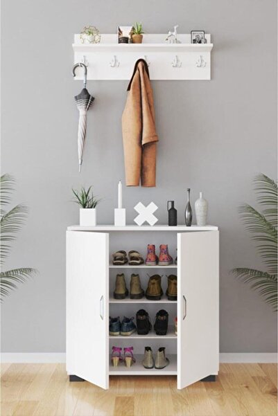 KZY 4 Bölmeli Askılıklı Ayakkabılık & Portmanto - Beyaz