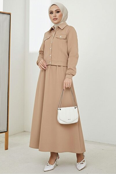 Bestenur Ceket Etek Scuba İkili Takım 1614 - Taş