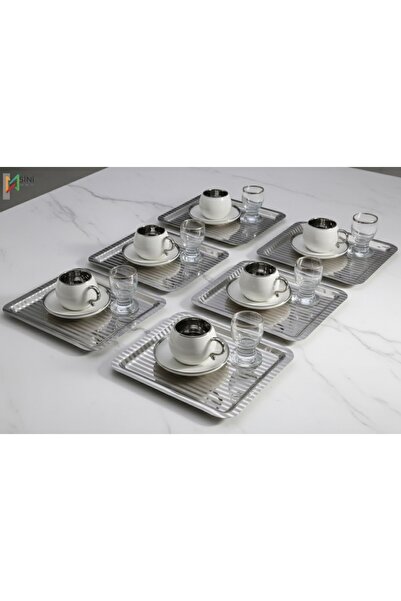 SİNİ Paslanmaz Çelik 6 Adet Kare Lüx Desenli Gümüş Ad-15 Kahve, Çay Sunum Ser...
