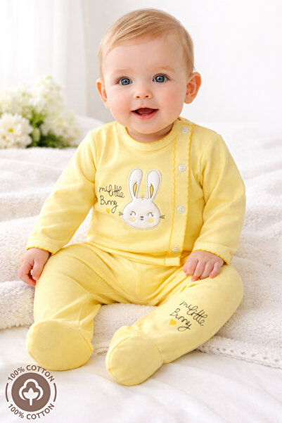 Miniel Unisex Bebek Little Bunny Nakışlı Penye Bebek Takımı - Sarı