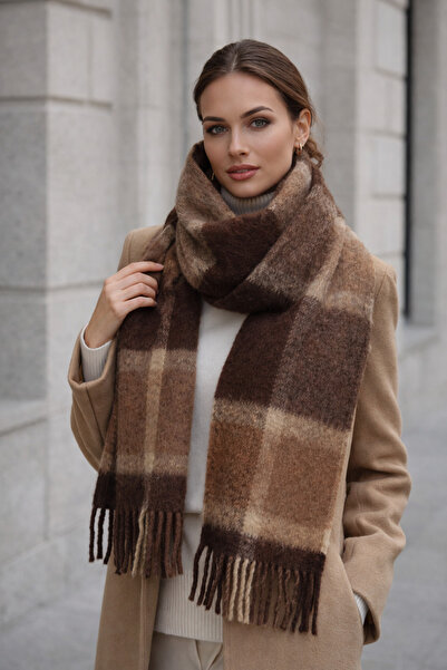 Luminos Butik Women's Brown Plaid Patterned Scarf-Shawl Sal1304