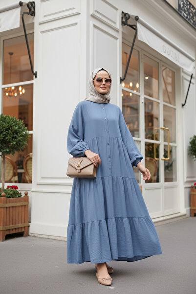 Aselim Hijap Moda Çilek Kumaş Robalı Yazlık Elbise | Düğmeli ve Rahat Kesim Mavi