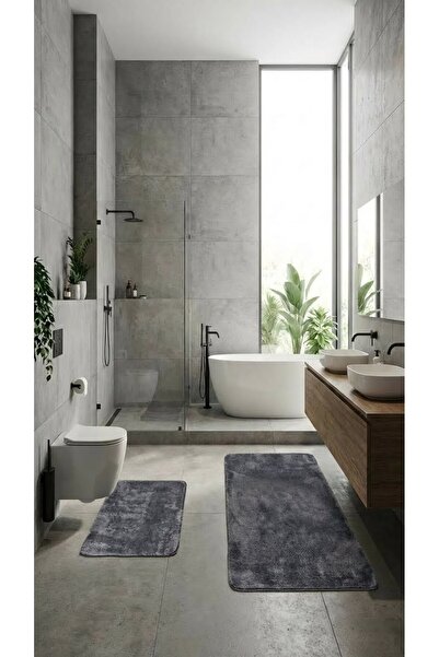 Halispecial Pelusoft-Antrasit-2’li Banyo Paspası–Kadifemsi Peluş, Kaydırmaz T...
