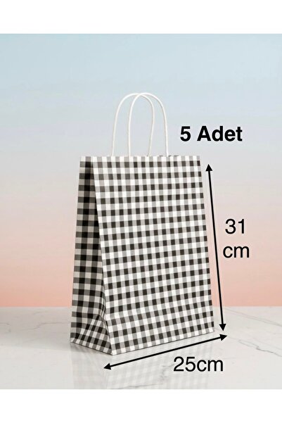 e Erta Siyah/Beyaz Ekose Kraft Çanta 25x31 Cm -5 Adet- Hediye Poşeti , Hediye...