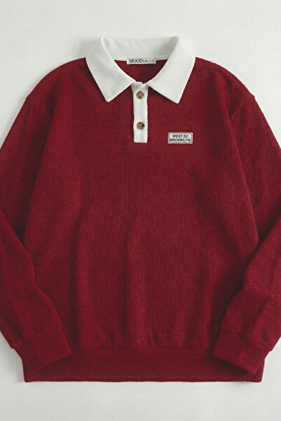 Mood Lab Bordo Polo Yaka Düğmeli Waffle Kumaştan Uzun Kol Tişört
