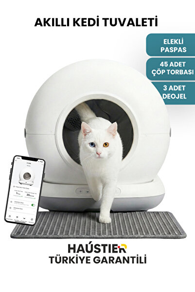 Haustier CB001 Akıllı Otomatik Kedi Tuvaleti, 75lt Hazneli, 45 Adet Çöp Torba...