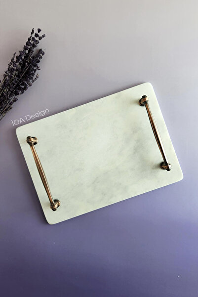 ioadesign Daffodil Real Thin Marble Groom Coffee Tray 28x20 Cm - Antique Copp...