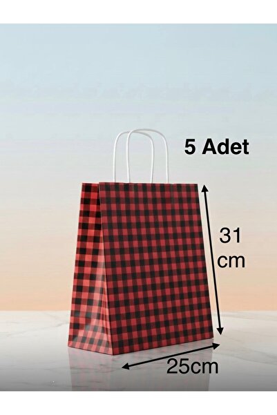 e Erta Kırmızı/Siyah Ekose Kraft Çanta 25x31 Cm -5 Adet- Hediye Poşeti , Hedi...