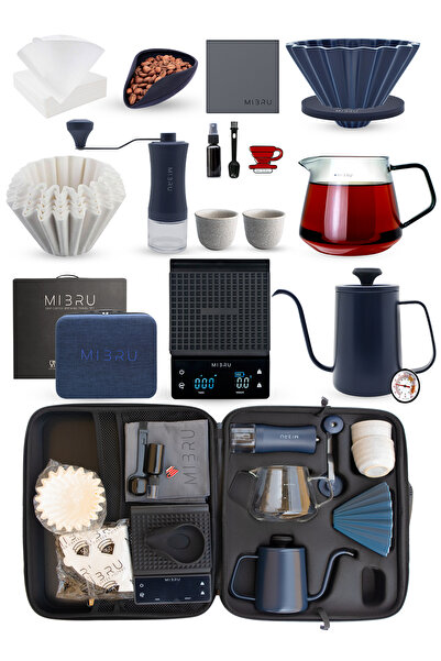 MIBRU ماكينة صنع القهوة V60 G2 مجموعة سفر للتقطير 14 في 1 باللون الأزرق مع حق...