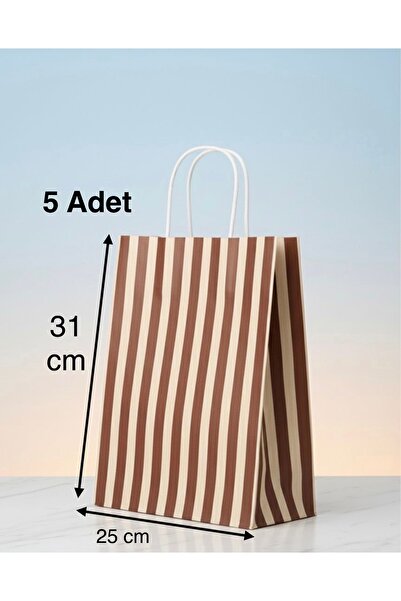 e Erta Kahverengi Ve Krem Çizgili Kraft Çanta 25x31Cm 5 Adet Hediye Poşeti,He...