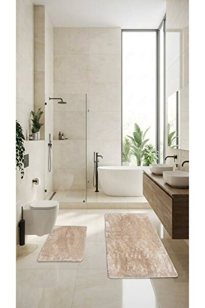Halispecial Pelusoft-Vizon-2’li Banyo Paspası–Kadifemsi Peluş, Kaydırmaz Taba...