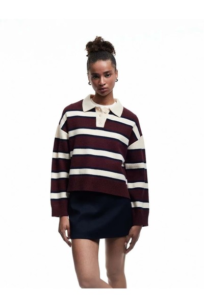 Koton Women's Clothing Polo Collar Striped Knitwear Sweater 6Wal90014Ht Clare...