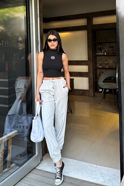 Angel Mia Γκρι λινό παντελόνι jogger