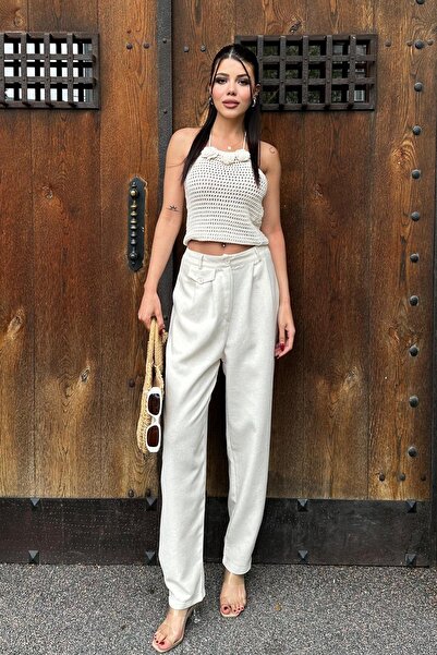 Angel Mia بنطلون كتان بتفاصيل الساق طبيعي