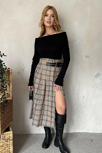 Angel Mia Model detaliat de curea în carouri Camel