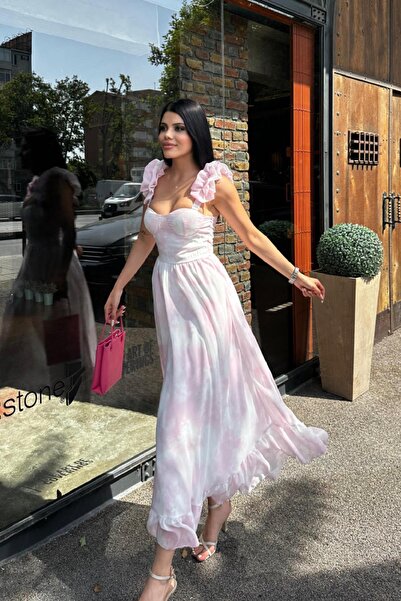 Angel Mia Kol Detay Şifon Elbise Pembe
