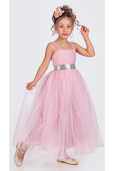 Mnk فستان سهرة بناتي من الساتان مع ظهر من التول Mnk0340 وردي