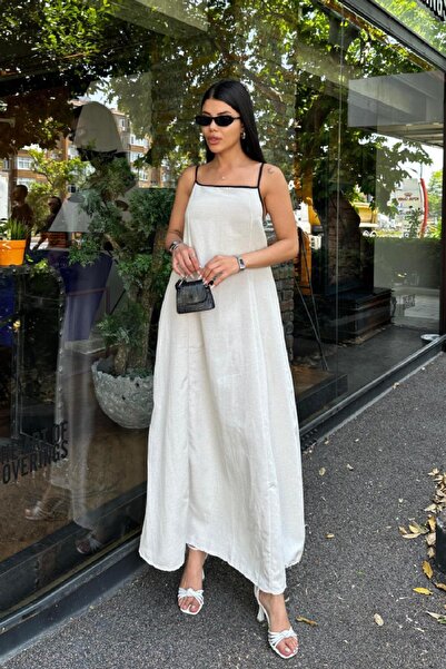 Angel Mia Μακρύ λινό φόρεμα με λουράκια μπεζ