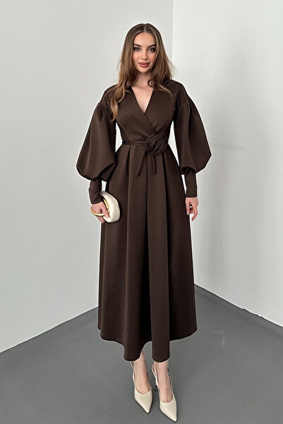 Elbee Fashion Woman Rochie de scuba cu detalii trandafir maro