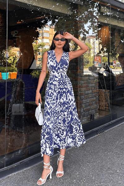 Angel Mia فستان مزدوج منقوش باللون الأزرق الداكن