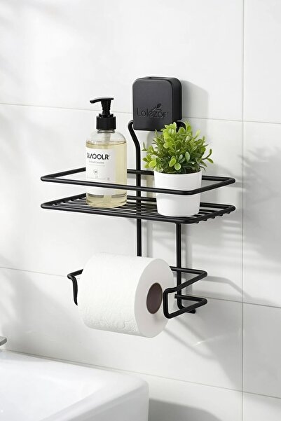 Lalezar Suport pentru hârtie igienică adeziv negru cu raft și raft pentru tel...