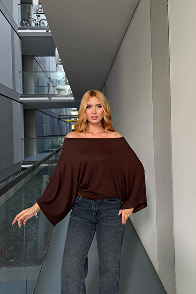 Angel Mia Μπλούζα με λαιμόκοψη και μανίκια με λαβή καγιάκ καφέ