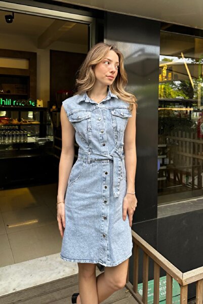 Angel Mia Μπλε τζιν φόρεμα - Μη μανίκια, Λευκαντικό