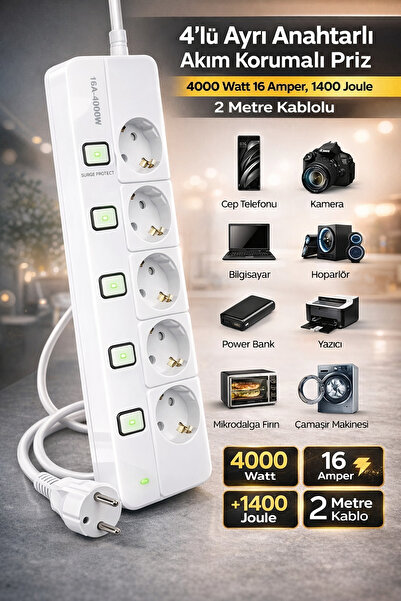 Ecuy 4'lü ayrı Anahtarlı Akım Korumalı Priz 4000 Watt 16 Amper, 1400 Joule 2 ...