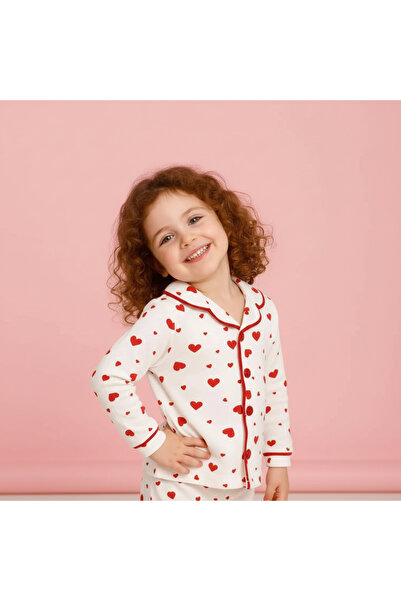 MİLAYS LİFE HOME COLLECTİON Детски пижамен комплект с копчета и сърцевиден мо...