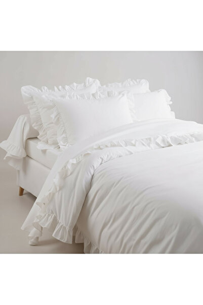 mommüslin By Masuaa White Ruffled Single Duvet Cover Set, Sheet Set