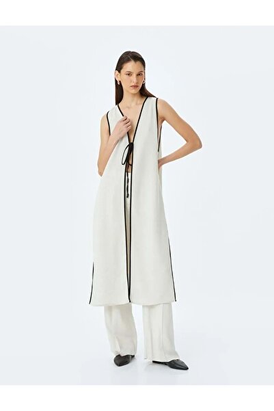 Koton Lange ärmellose Weste mit Frontverschlussdetail 5SAK20036UW Beige