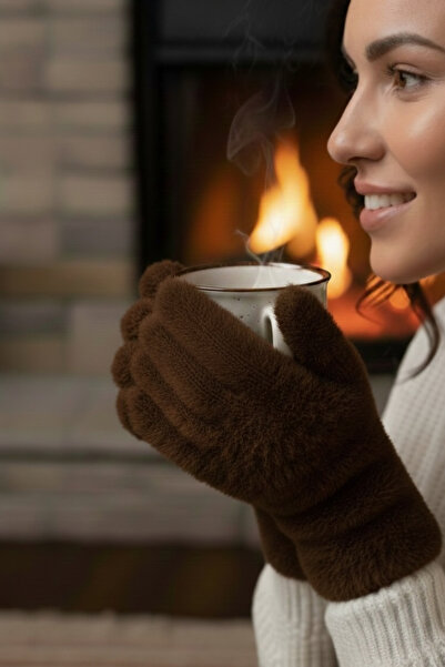 AYDINER TEKSTİL Women's Luxury Soft Fingerless Gloves Brown